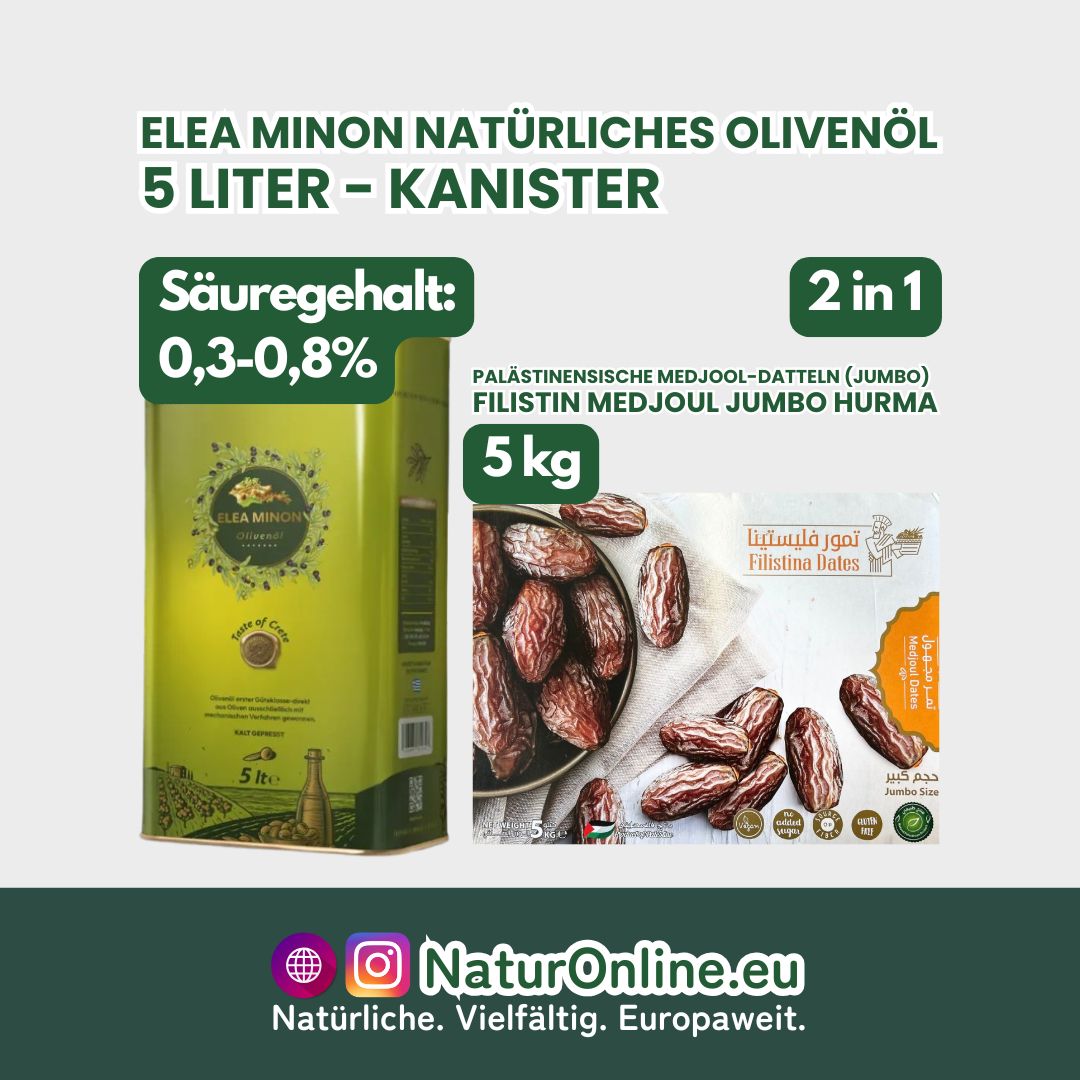 Elea Minon Natürliches Olivenöl 5 L - Palästinensische Medjool-Datteln (Jumbo) 5 Kg