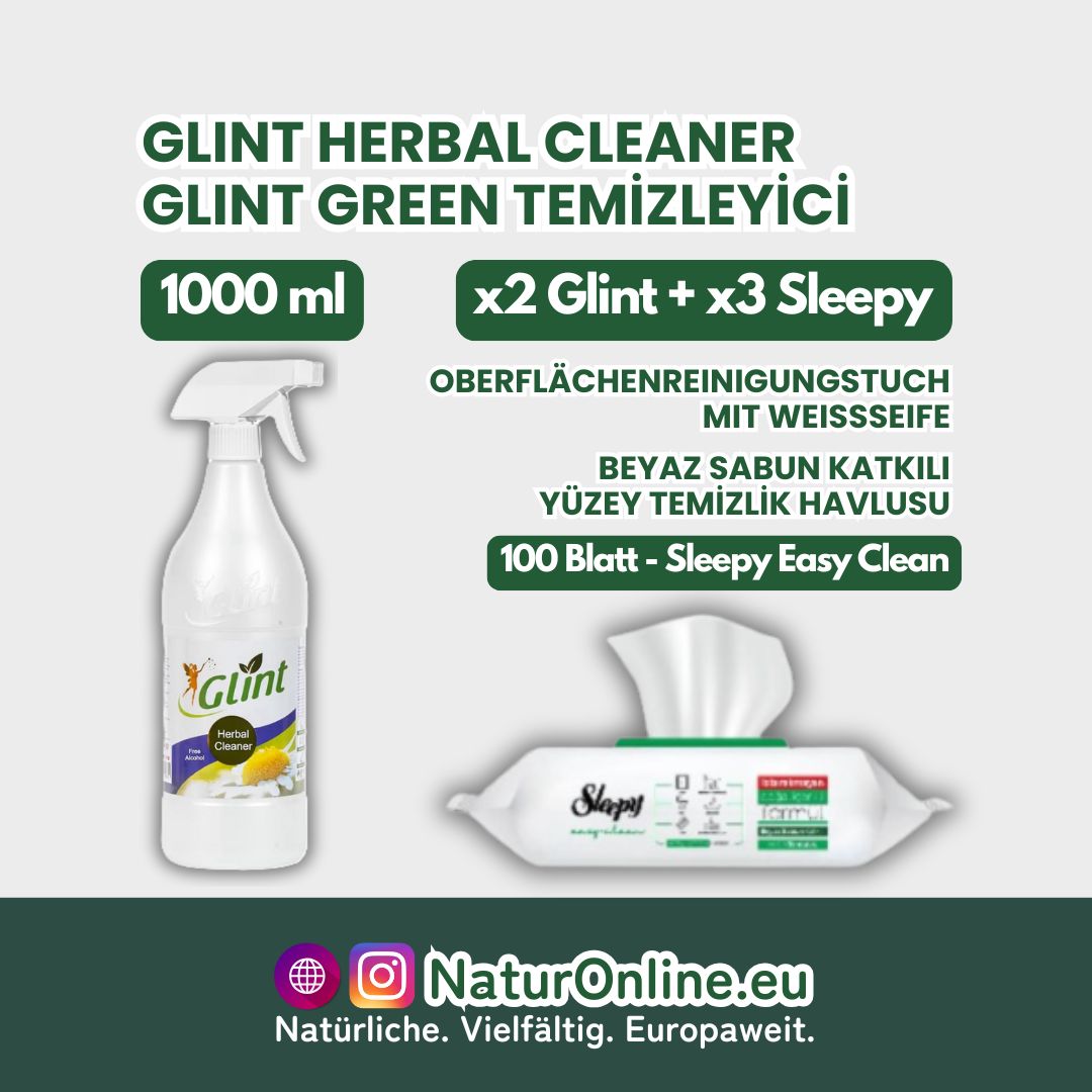 Glint Herbal Cleaner (2 Stk.) + Sleepy Oberflächenreinigungstuch mit Weißseife (3 Stk.)