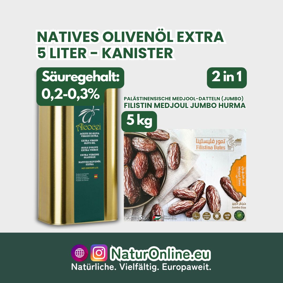 Natives Olivenöl Extra 5 L - Palästinensische Medjool-Datteln (Jumbo) 5 Kg