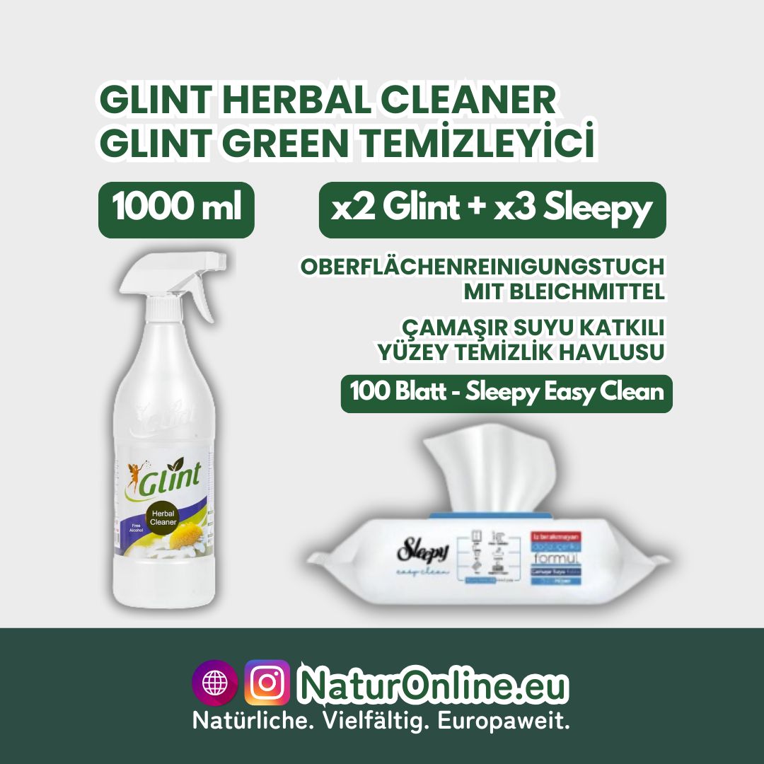 Glint Herbal Cleaner (2 Stk.) + Sleepy Oberflächenreinigungstuch mit Bleichmittel (3 Stk.)