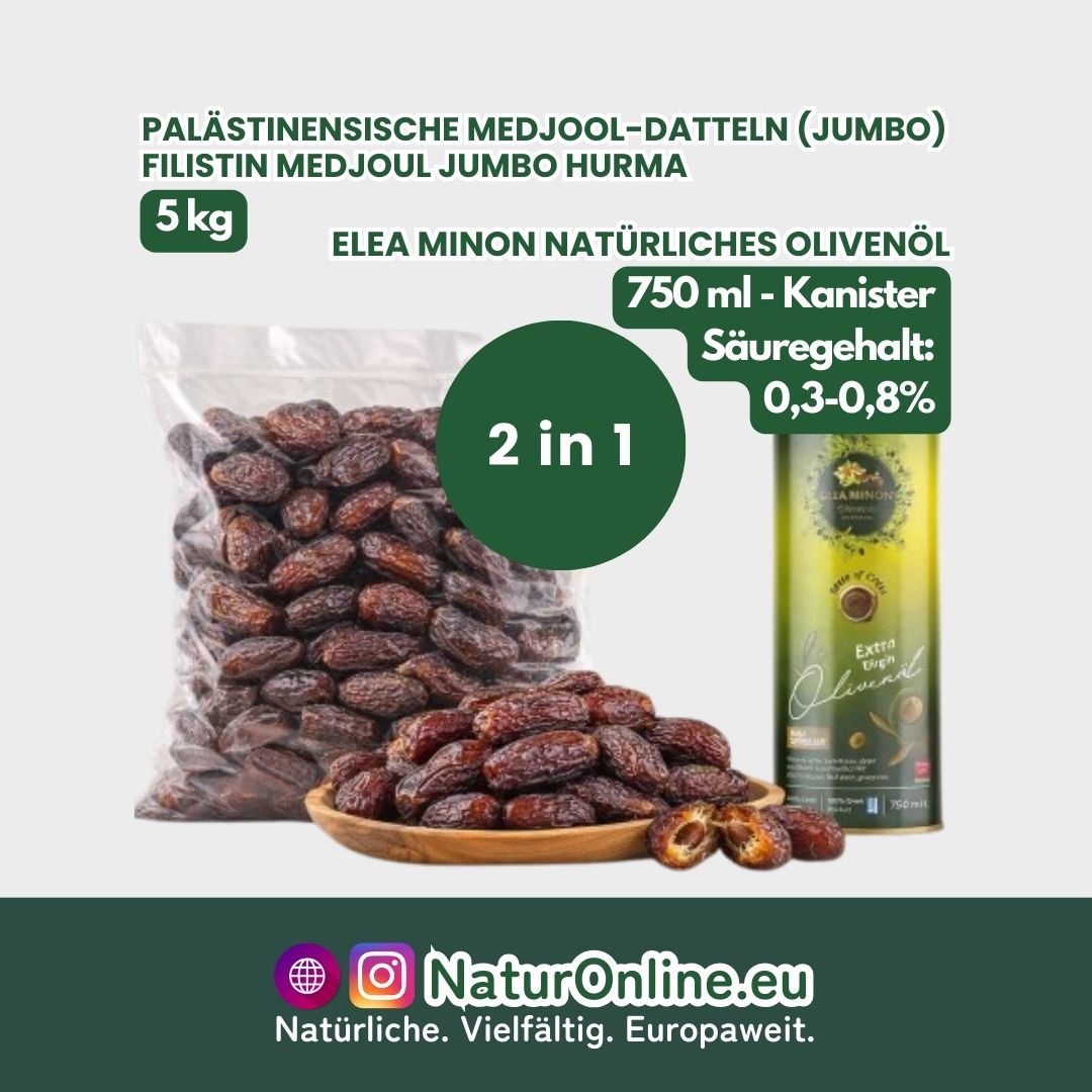 Elea Minon Natürliches Olivenöl 750 ML - Palästinensische Medjool-Datteln (Jumbo) 5 Kg