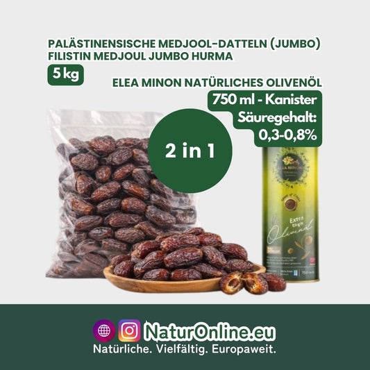 Elea Minon Natürliches Olivenöl 750 ML - Palästinensische Medjool-Datteln (Jumbo) 5 Kg