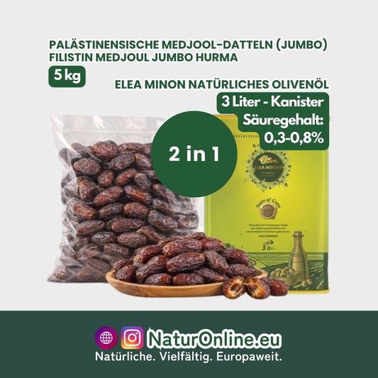 Elea Minon Natürliches Olivenöl 3 L - Palästinensische Medjool-Datteln (Jumbo) 5 Kg