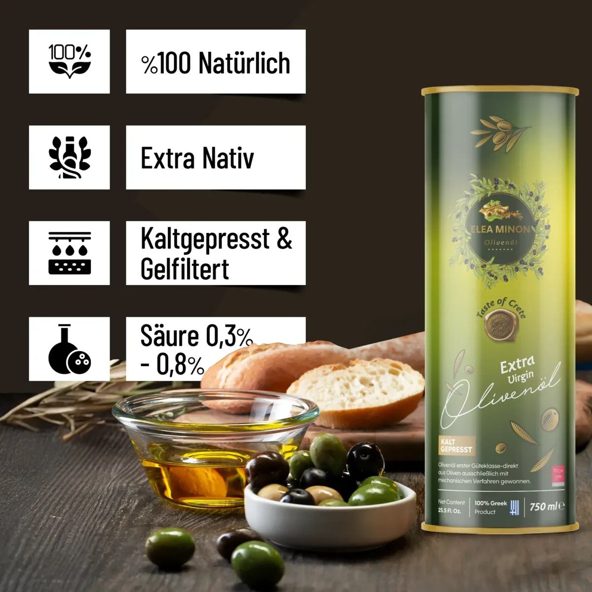 Elea Minon Natürliches Olivenöl - 750ML Kanister