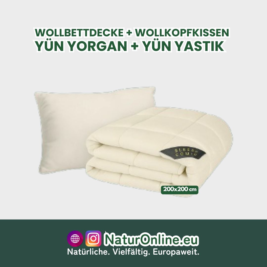 Wollbettdecke + Wollkopfkissen – 100% Wolle